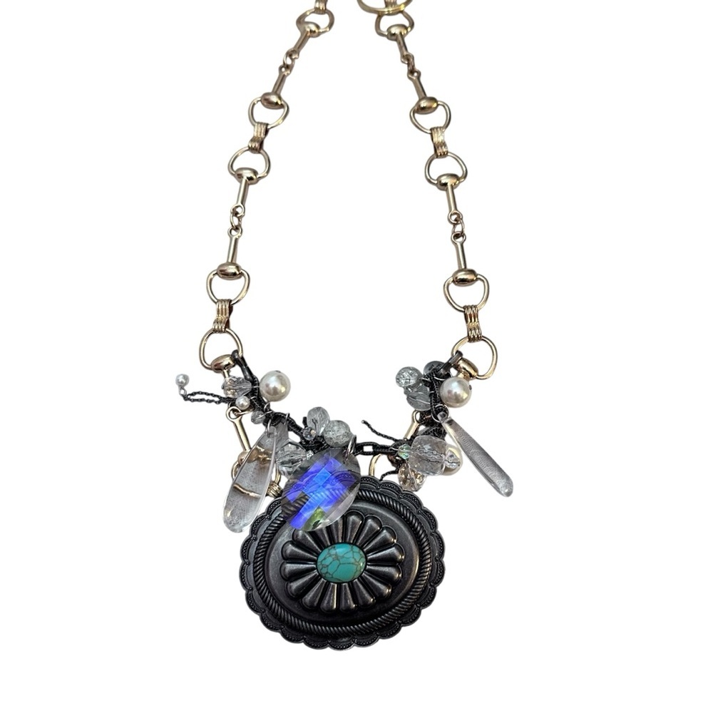 RUBYRUDI Artisan Western Necklace OOAKGold-Link Concho Belt Buckle Up Cycled - Picture 6 of 13